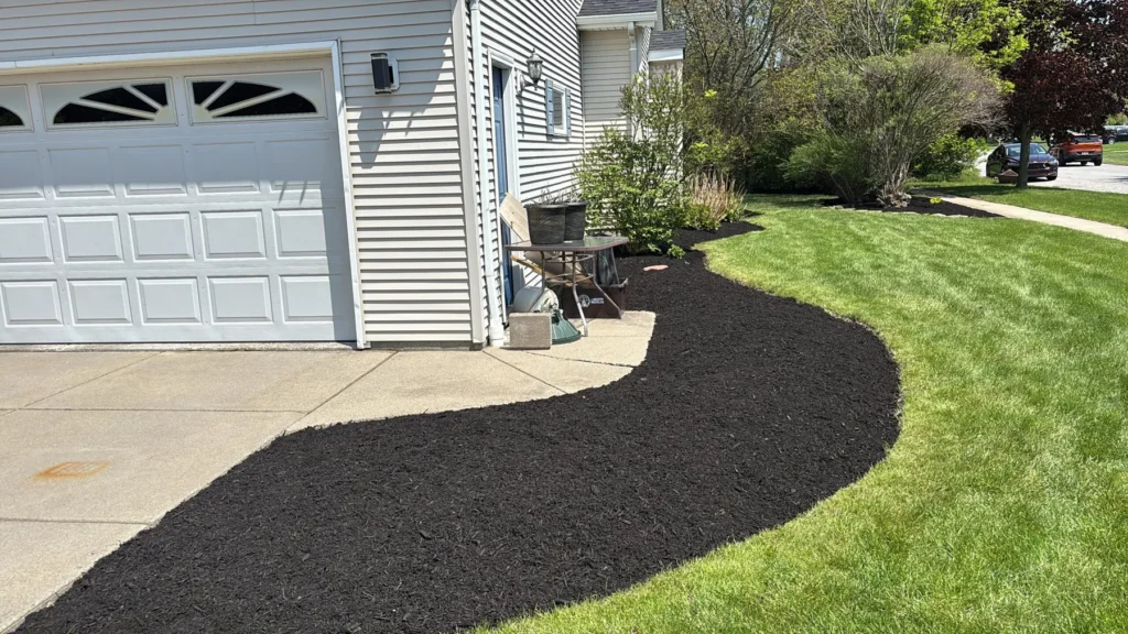 Curved mulch bed between a garage and freshly cut lawn