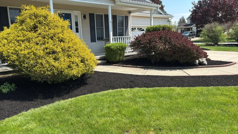 Curved black mulch bed with golden shrubs along a Buffalo driveway