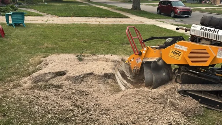 Stump grinder chewing through a stump in a Buffalo front yard